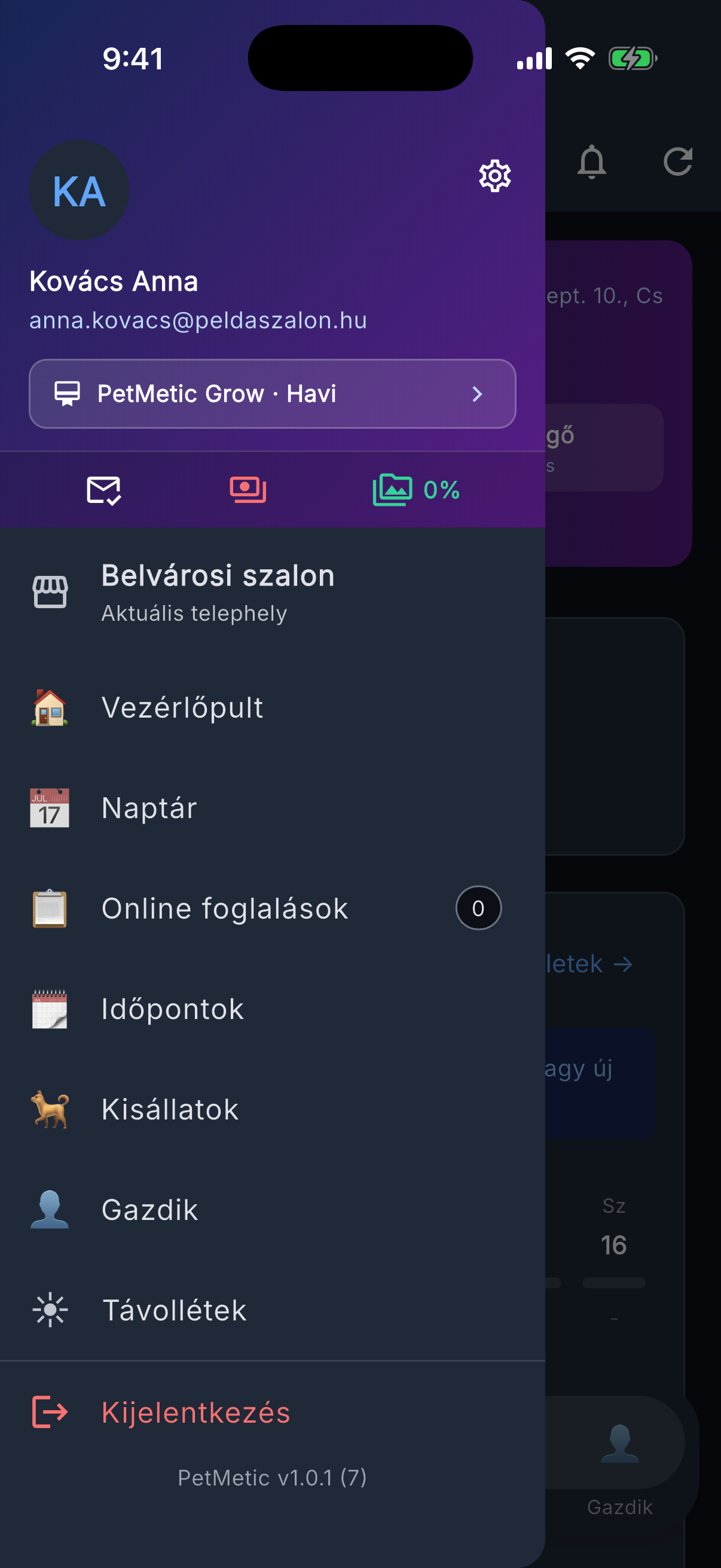 Az előfizetés-sáv a menü fejlécében, a csomagoddal