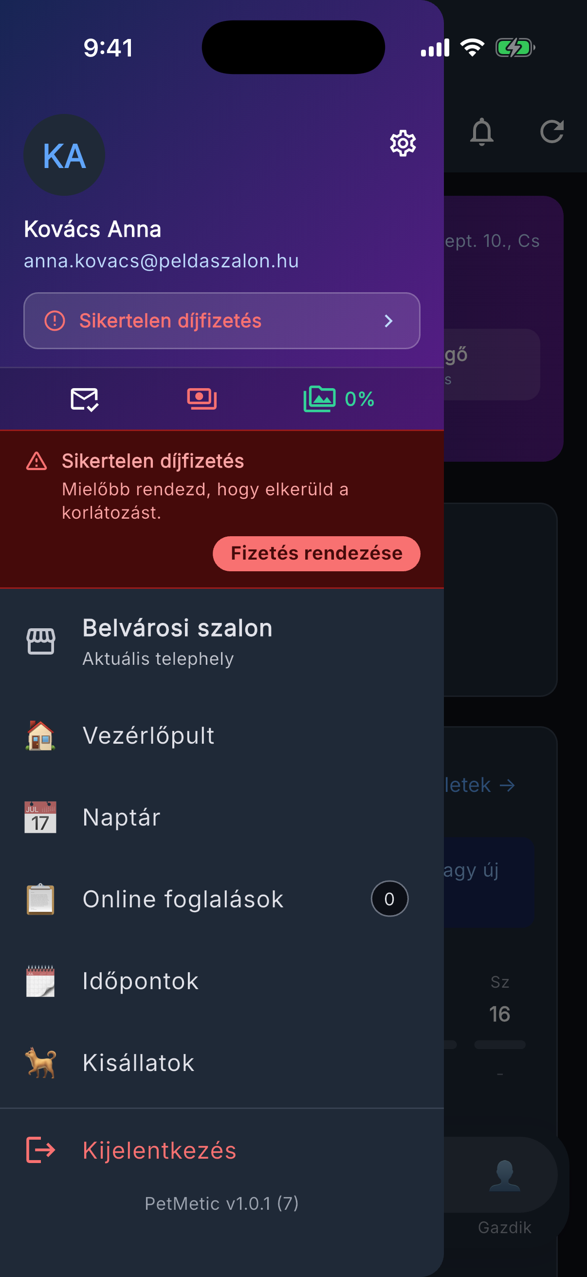 Sikertelen díjfizetésnél a sáv pirosra vált, és jön a fizetési gomb