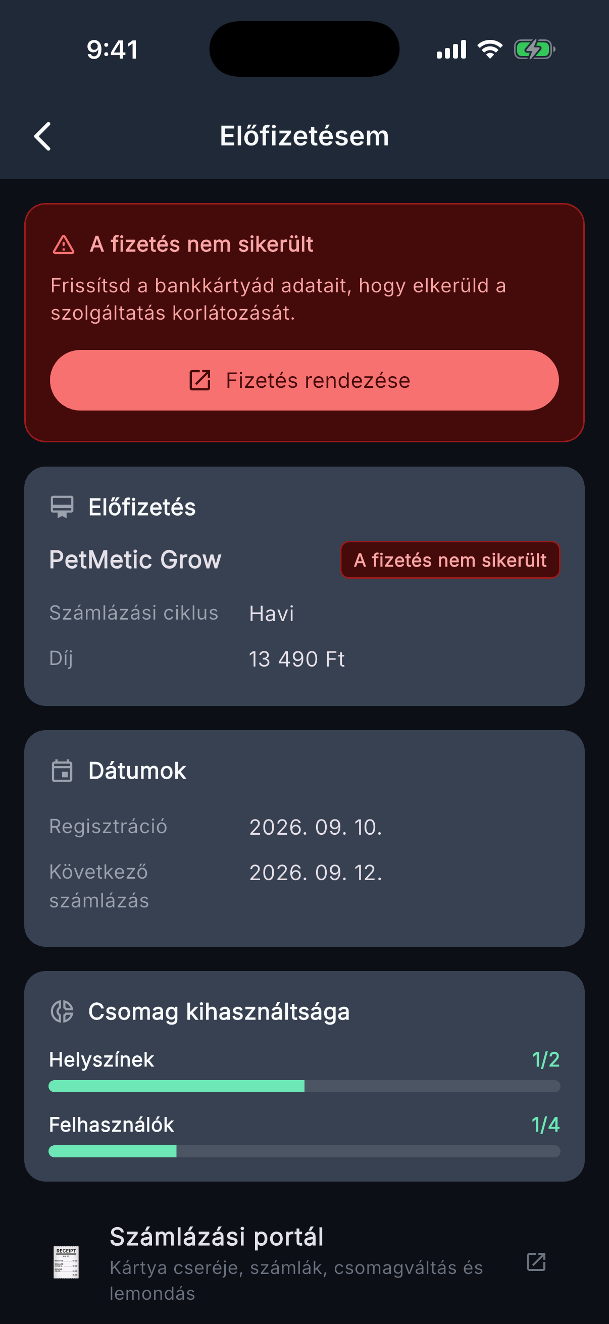 Az Előfizetésem képernyő: csomag, dátumok, kihasználtság
