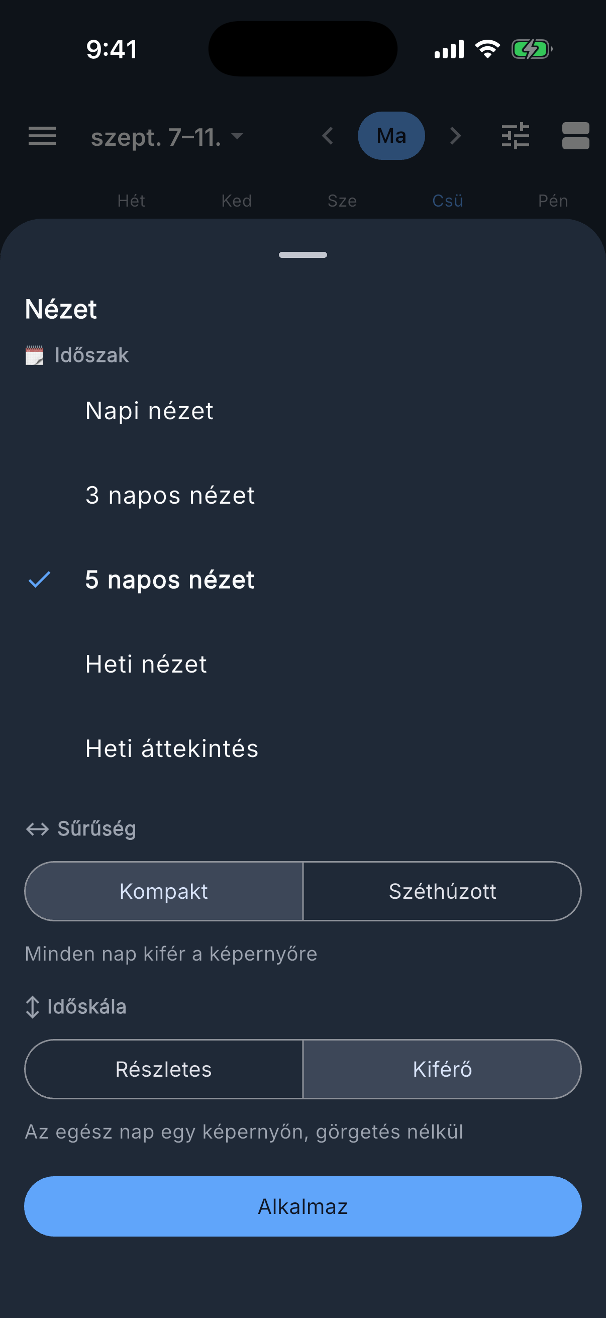 A Nézet lap a három kapcsolóval
